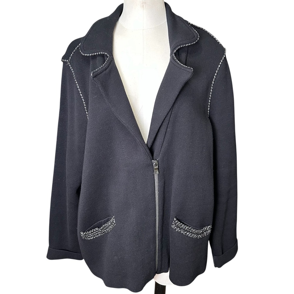 Chicos Black Knit Blazer Jacket Silver Embellishment Zip Front‎ Women's Size 3